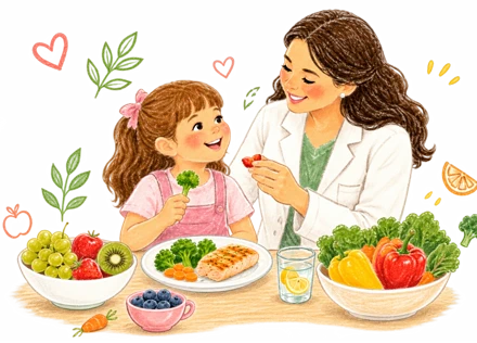 Nutricionista e criança sorrindo durante uma refeição saudável